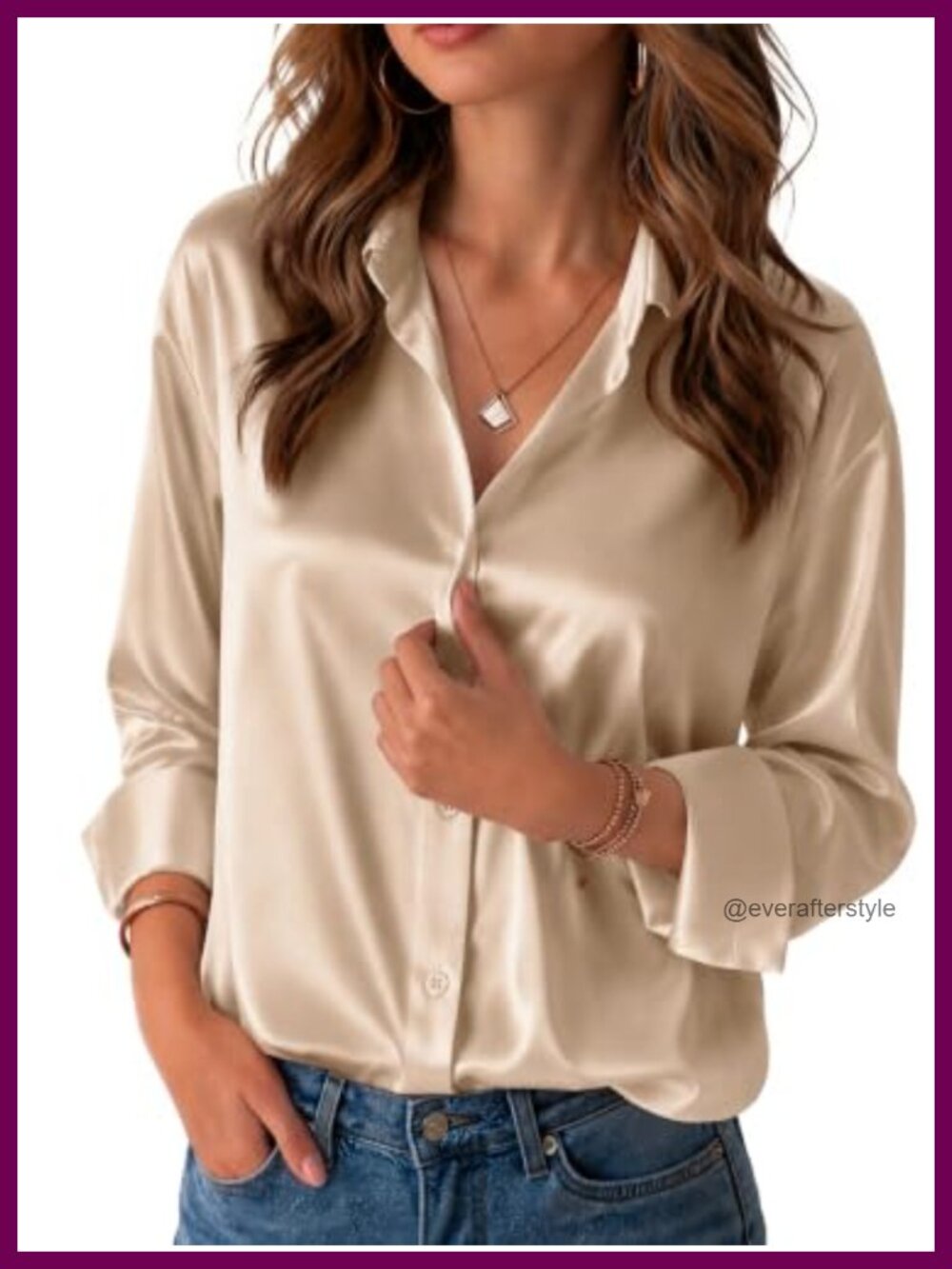 Satin Silk Button Down Shirt Long Sleeve Blouse Business Casual Work Tunic